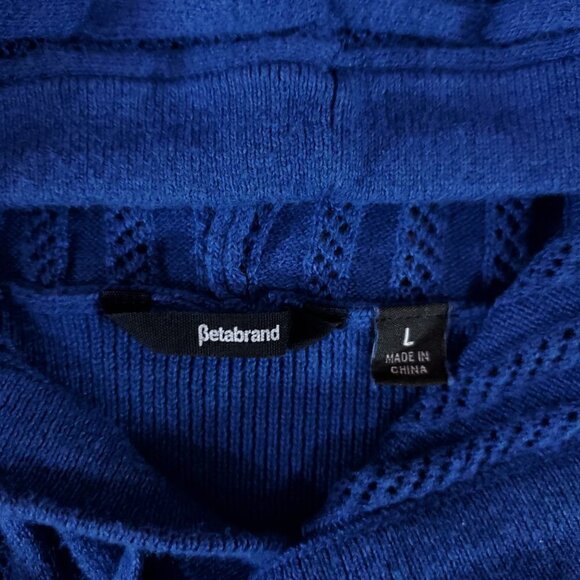 *Flaw Betabrand Seaside Jumper Womens Large Blue Knit Hooded Sweater Thumb Holes - Picture 8 of 12
